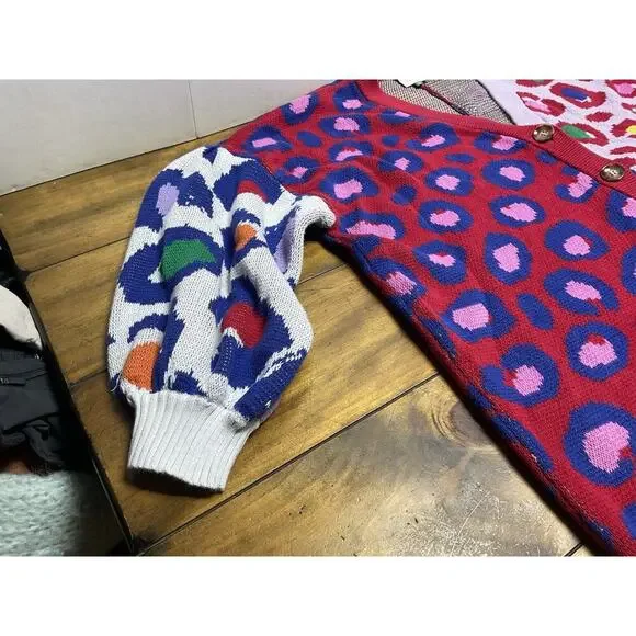 Farm Rio Leopard Pop Cardigan Size XL Colorful Cotton Oversized Bohemian - Picture 2 of 12